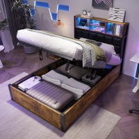 Hydraulic Storage Single Bed with Multi-Colour LED Strip, Charging Ports, Sponge Headboard for Bedrooms, 208L x 96W x 107H cm, Black+Neutral