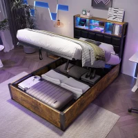 Hydraulic Storage Single Bed with Multi-Colour LED Strip, Charging Ports, Sponge Headboard for Bedrooms, 208L x 96W x 107H cm, Black+Neutral(m-1)