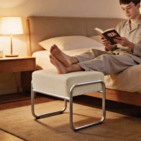 HOMCOM Taburet pentru picioare Taburet tapițat Pernă groasă cu material chenille, picioare din oțel pentru dormitor, Bej(m-4)