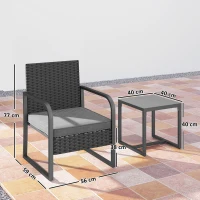 Outsunny Conjunto de Jardim em Rattan com 2 Poltronas de Exterior e Mesa com Tampo em Vidro Preto(m-3)