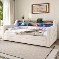 Space-Saving Sofa Bed with Adjustable LED Lighting and USB-C Port, Bed Frame with Built-in Storage Shelf, 201L x 107W x 75H cm, Beige(m-1)