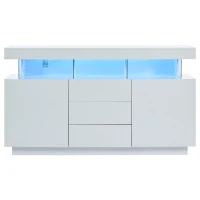 High-gloss Storage Cabinet with App-Controlled LED Lighting, Locker with Adjustable Shelves and Soft-close Drawers, 140L x 35W x 80H cm, White(m-2)