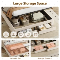 Double Upholstered Ottoman Bed with USB & Type-C Charging Station, Bed Frame with 2 Storage Drawers, 200L x 144W x 116H cm, Beige(m-6)