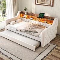 Space-Saving Sofa Bed with Adjustable LED Lighting and USB-C Port, Bed Frame with Built-in Storage Shelf, 201L x 107W x 75H cm, Beige(m-9)