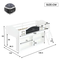 3ft Single Storage Bed with Built-in Blackboard for Drawing, High Sleeper Bed with 2-Step Inclined Staircase, 196.5L x 132W x 96H cm, White+Black(m-3)