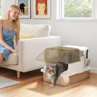 PawHut Bac à litière pour chat fermé en acier inoxydable, maison de toilette pour chat avec pelle, 70 x 50 x 46,5 cm, blanc(m-10)