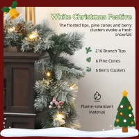 HOMCOM Ghirlandă de Crăciun Ø25x180 cm cu 50 de Lumini LED, Conuri de Pin și Boabe, din Plastic și Metal, Verde și Alb(m-6)