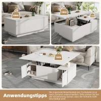 Lift-Up Coffee Table With 2 Doors, 2 Liftable Tops, 2 Cabinets, Particleboard Centre Desk With Hidden Storage, 100L x 50W x 55.5H cm, White(m-4)