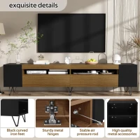 Modern TV Cabinet with 2 Front Doors and Open Side Compartments, Durable TV Stand with Cable Outlets, 180L x 36W x 43H cm, Black+Wood(m-5)