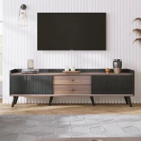 Modern TV Cabinet with 2 Centre Drawers and Striped Sliding Doors, Storage Stand with Raised Top Edge, 160L x 40W x 58H cm, Black+Wood(m-1)