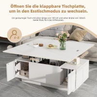 Lift-Up Coffee Table With 2 Doors, 2 Liftable Tops, 2 Cabinets, Particleboard Centre Desk With Hidden Storage, 100L x 50W x 55.5H cm, White(m-6)