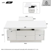 Lift-Up Coffee Table With 2 Doors, 2 Liftable Tops, 2 Cabinets, Particleboard Centre Desk With Hidden Storage, 100L x 50W x 55.5H cm, White(m-3)