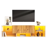 Modern TV Stand with 2 Drawers and 5 Open Compartments, TV Cabinet with App-controlled LED Lights, 160L x 40W x 42H cm, White+Wood(m-6)