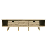Modern TV Cabinet with Sliding Door, Large Multifunctional Storage, TV Stand with Open Shelves, Drawers, 175L x 38W x 45H cm, Natural(m-9)