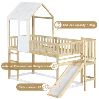 Wooden High Sleeper Bed with Slide and 3‑Step Ladder for Children, Bunk Bed with Playhouse Roof, 240.5L x 137.5W x 221H cm, White+Natural(m-4)
