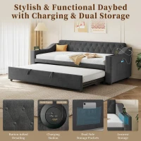 3-in-1 Upholstered Sofa Daybed with USB and Type-C Charging Station, Bed Frame with Built-In Armrest Storage, 217L x 191W x 81H cm, Grey(m-5)