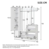 5‑in‑1 Space-Saving Entryway Storage with Coat Hooks, Hall Tree Coat Rack with Shoe Bench, Full-Length Mirror, 135L x 25W x 180H cm, White(m-3)