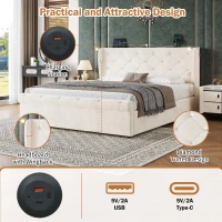4ft6 Double Upholstered Bed with Built-in Type‑C & USB Charging, Bed Frame with Adjustable LED Reading Lights, 214L x 145W x 102H cm, Beige(m-4)