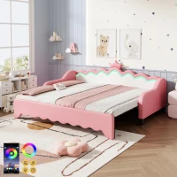 3ft Single Daybed with LED Headboard, App-controlled RGB Lighting, Bed Frame with Pull-out Trundle, 202L x 182W x 91H cm, Cream White+Pink(m-7)