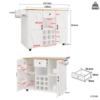 Modern Kitchen Island and Serving Trolley with Castors, Extendable Fold‑Out Dining Table with Side Shelves, 137.5L x 40-65W x 95.5H cm, White(m-3)