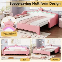 3ft Single Daybed with LED Headboard, App-controlled RGB Lighting, Bed Frame with Pull-out Trundle, 202L x 182W x 91H cm, Cream White+Pink(m-6)