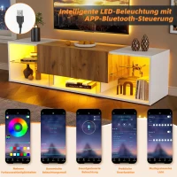 Modern TV Stand with 2 Drawers and 5 Open Compartments, TV Cabinet with App-controlled LED Lights, 160L x 40W x 42H cm, White+Wood(m-4)