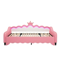 3ft Single Daybed with LED Headboard, App-controlled RGB Lighting, Bed Frame with Pull-out Trundle, 202L x 182W x 91H cm, Cream White+Pink(m-2)