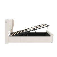 4ft6 Double Upholstered Bed with Built-in Type‑C & USB Charging, Bed Frame with Adjustable LED Reading Lights, 214L x 145W x 102H cm, Beige(m-11)