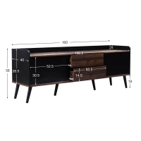 Modern TV Cabinet with 2 Centre Drawers and Striped Sliding Doors, Storage Stand with Raised Top Edge, 160L x 40W x 58H cm, Black+Wood(m-3)