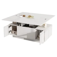Lift-Up Coffee Table With 2 Doors, 2 Liftable Tops, 2 Cabinets, Particleboard Centre Desk With Hidden Storage, 100L x 50W x 55.5H cm, White(m-9)