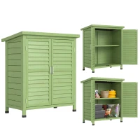 Outsunny Garden Shed Wooden Garden Storage Shed 2 Door Unit Solid Fir Wood Garage Tool Organisation Cabinet, 87L x 46.5W x 96.5Hcm, Green(m-10)