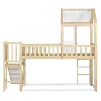 Wooden High Sleeper Bed with Slide and 3‑Step Ladder for Children, Bunk Bed with Playhouse Roof, 240.5L x 137.5W x 221H cm, White+Natural(m-12)