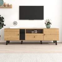 Modern TV Cabinet with 2 Doors, Slatted Front, Spacious Compartment, TV Stand for versatile organised storage, 170L x 4W x 50.5H cm, Black+Wood(m-5)