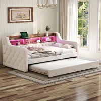 Space-Saving Sofa Bed with Adjustable LED Lighting and USB-C Port, Bed Frame with Built-in Storage Shelf, 201L x 107W x 75H cm, Beige(m-10)