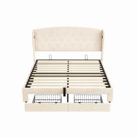 Double Upholstered Ottoman Bed with USB & Type-C Charging Station, Bed Frame with 2 Storage Drawers, 200L x 144W x 116H cm, Beige(m-2)