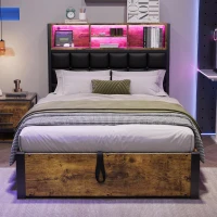 Hydraulic Storage Single Bed with Multi-Colour LED Strip, Charging Ports, Sponge Headboard for Bedrooms, 208L x 96W x 107H cm, Black+Neutral(m-6)