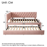 Upholstered Daybed with Pull-Out Trundle and Slatted Base, Space-Saving Velvet Single Sofa Bed for Adults and Kids, 202L x 105W x 83H cm, Pink(m-3)