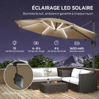 Outsunny Parasol déporté octogonal parasol LED solaire inclinable pivotant manivelle piètement aluminium dim. Ø 3 x 2,55H m beige(m-4)