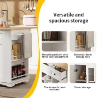 Modern Kitchen Island and Serving Trolley with MDF Worktop, Extendable Fold‑out Dining Table with Drawer, 151.5L x 60W x 91.5H cm, White(m-4)