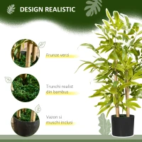 HOMCOM Plantă Artificială de Bambus, Înălțime 60 cm, din Poliester și PP, Verde, cu Vas de Ciment Ø15x12.5 cm(m-4)