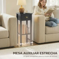 HOMCOM Mesa Auxiliar Estilo Moderno Mesita Auxiliar con Cajón y Estante de Almacenamiento 30x30x75 cm Negro(m-5)