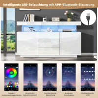 High-gloss Storage Cabinet with App-Controlled LED Lighting, Locker with Adjustable Shelves and Soft-close Drawers, 140L x 35W x 80H cm, White(m-6)