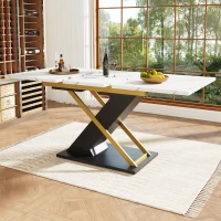 6–8 Seats Extendable Dining Table with Marble-Effect MDF Top, Kitchen Table with Metal Slide Rails, 120-160L x 80W x 75.5H cm, Black+Golden(m-1)