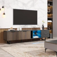 Modern TV Cabinet with 2 Wood-Grain Doors and 2 Open Shelves, TV Stand for Robot Vacuum Cleaners, 200L x 38W x 50H cm, Black+Wood(m-5)