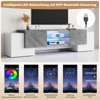 Modern TV Cabinet with App-Controlled LED Lighting, Media Cabinet with 4 Doors and 2 Open Shelves, 180L x 40W x 46.5H cm, Grey+White(m-6)