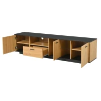 Modern TV Cabinet with 3 Doors, Drawer and 2 Open Glass Compartments, TV Stand with Solid Wooden Legs, 180L x 37W x 45H cm, Black+Wood(m-10)