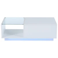 Lift-Up Coffee Table with Space-Saving Hidden and Open Storage, Desk with LED App-Controlled Lighting, 100L x 50W x 33H cm, White(m-2)