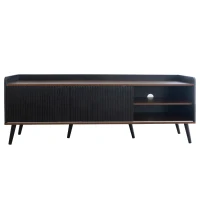 Modern TV Cabinet with 2 Centre Drawers and Striped Sliding Doors, Storage Stand with Raised Top Edge, 160L x 40W x 58H cm, Black+Wood(m-12)