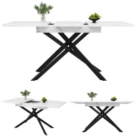 6–8 Seats Extendable Dining Table with Modern Crossed Iron Legs, Kitchen Table with Marbled MDF Top, 120-160L x 80W x 76.5H cm, White(m-12)