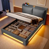 Modern Upholstered Bed with Dual USB‑C Ports and LED Lighting, Bed Frame with Hydraulic Lift Storage, 152.5L x 210W x 114H cm, Dark Gray(m-10)